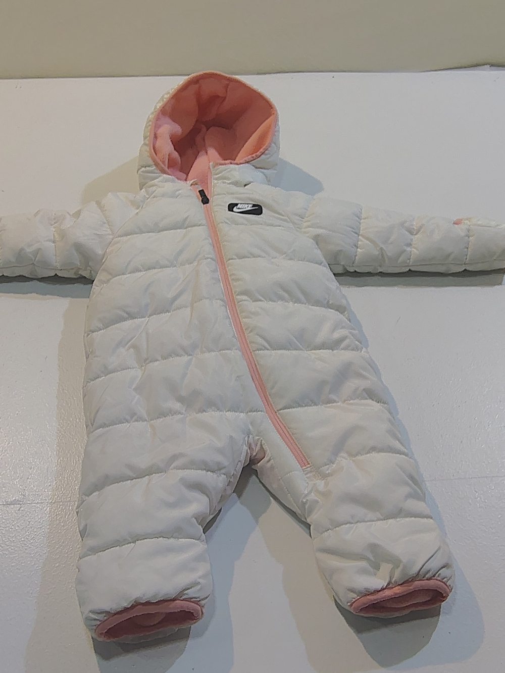Nike Snowsuit Baby 12 Months White One Piece Fleece Lined Bunting Puffer Hooded